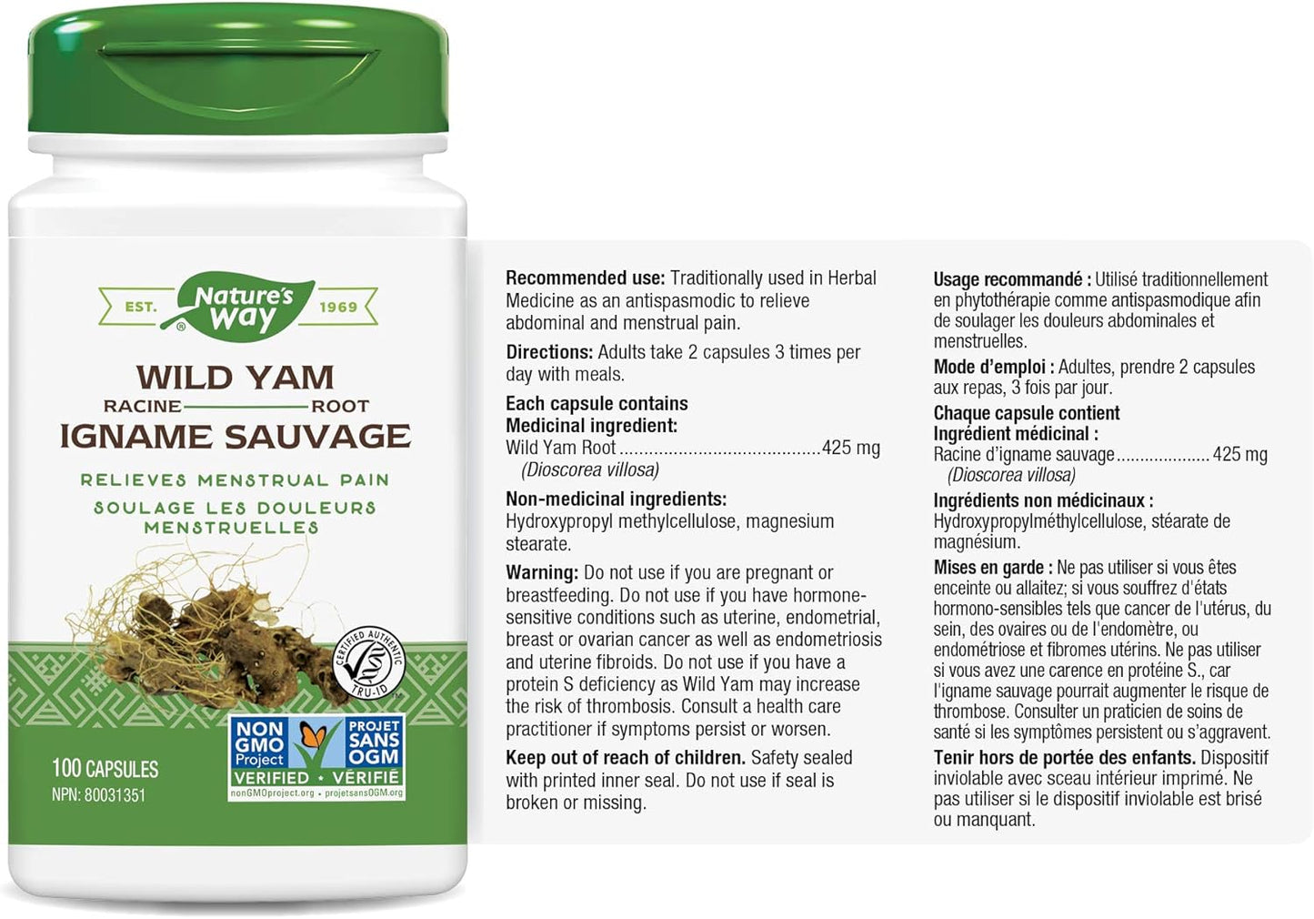 Nature's Way Wild Yam Root Capsules - Relieve Abdominal and Menstrual Pain Relief – Women’s Health - Premium Herbal Supplement - Non-GMO - 100 Vegetarian Capsules