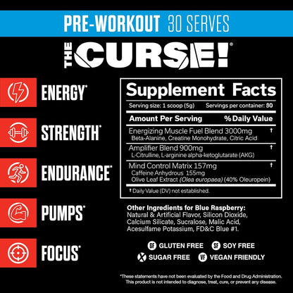 JNX SPORTS The Curse! Pre Workout Powder for Men & Women, Caffeine, Beta-Alanine, Creatine, L-Citrulline, 30 Servings, Blue Raspberry Flavor – Boost Energy, Strength & Focus