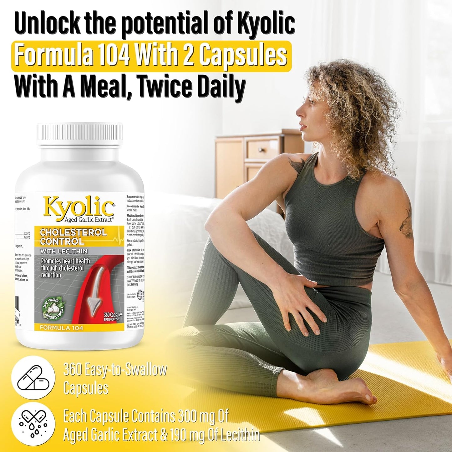 Kyolic - 含卵磷脂的胆固醇控制胶囊，360粒，90天用量 - 胆固醇配方104 - Kyolic 陈年大蒜提取物胶囊 - 促进心脏健康和免疫系统支持