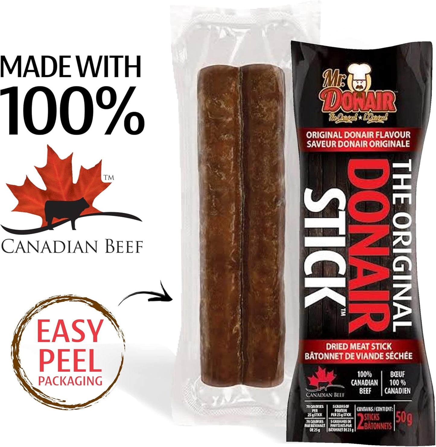 Donair Flavoured Dried Meat Stick - Made with 100% Canadian Beef - Protein Rich, Perfect for Snacks - 70 Calories Per Stick (12 x 50g pkgs - 24 sticks per box)
