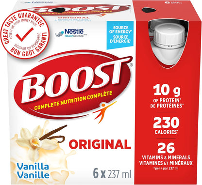 Boost 水果味饮料桃子味，237 毫升，24 支装 & 原味代餐饮料香草味，24 x 237 毫升 - 包装可能有所不同