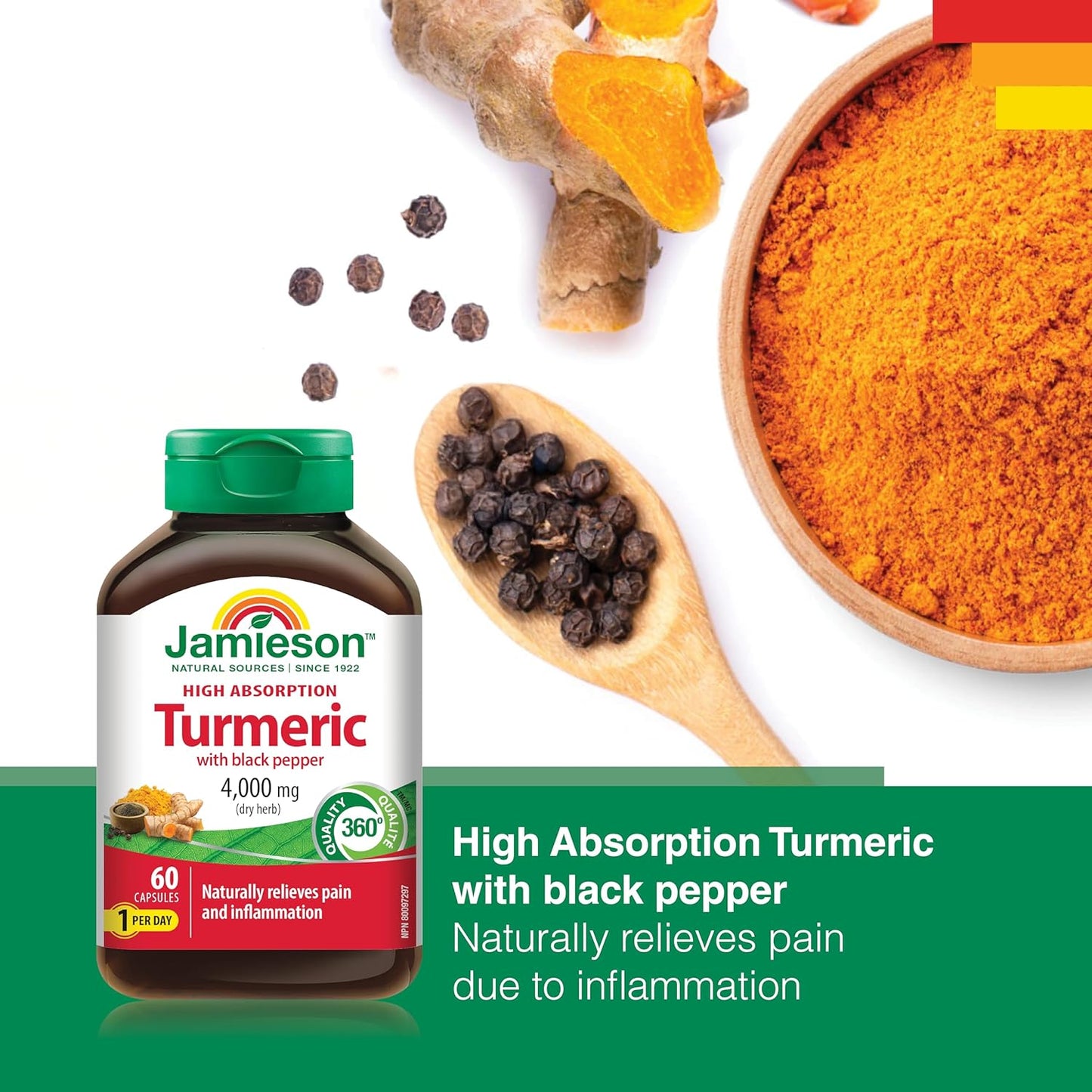 Jamieson 姜黄 4,000 毫克，添加黑胡椒，天然缓解关节疼痛，消炎并促进消化。高吸收率，非转基因，无麸质，60 粒素食胶囊，加拿大制造