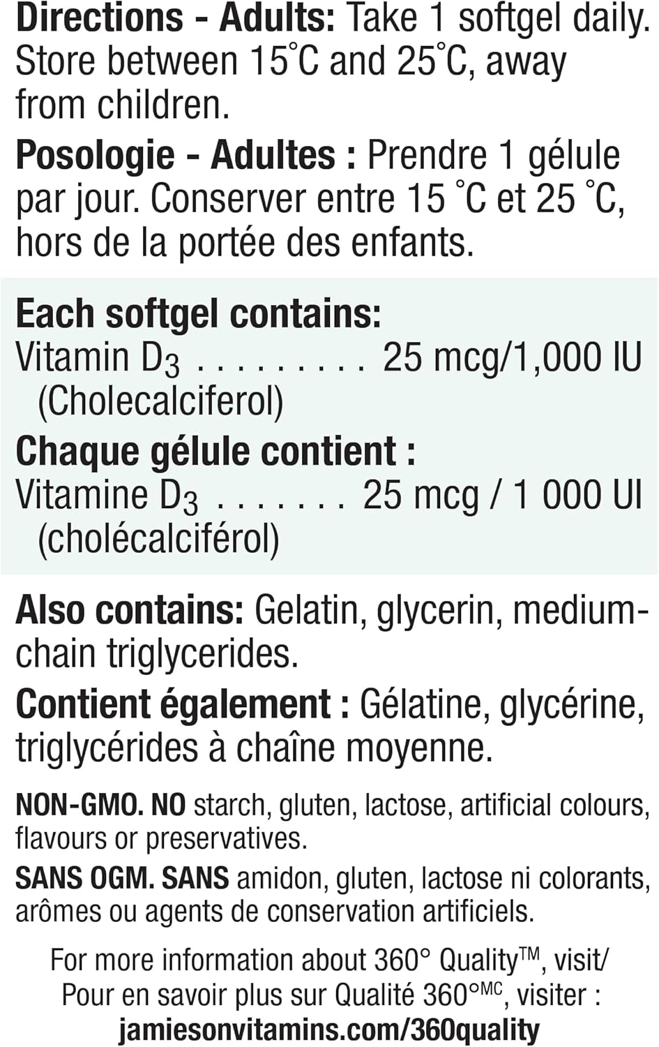 Jamieson 维生素 D3 1,000 IU 软胶囊，易于吞咽，支持免疫健康，强健骨骼和牙齿，增强钙和磷的吸收。非转基因，无麸质，每日一粒，超值装，180 粒，加拿大制造