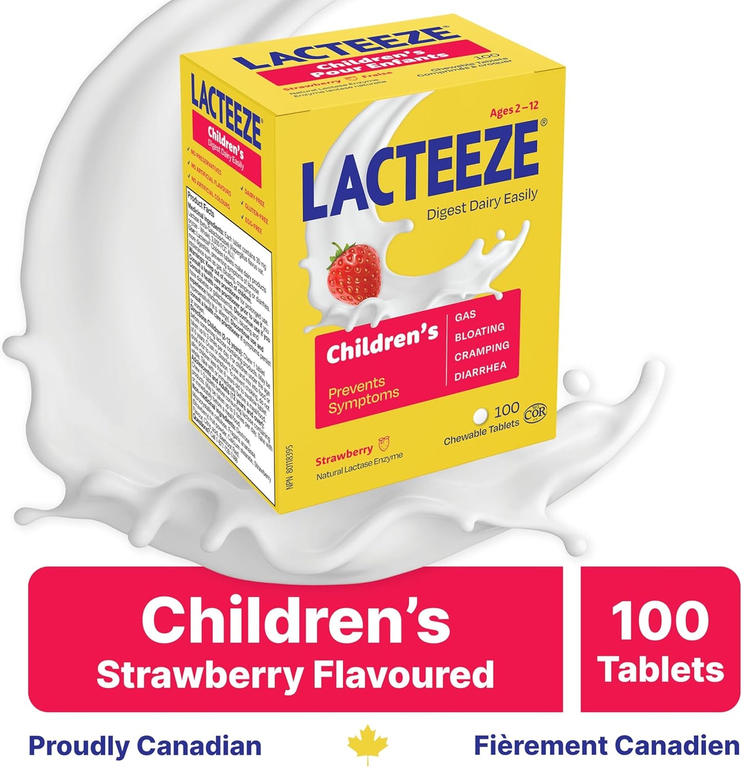 Lacteeze 儿童乳糖酶咀嚼片 - 天然草莓味，100 片装