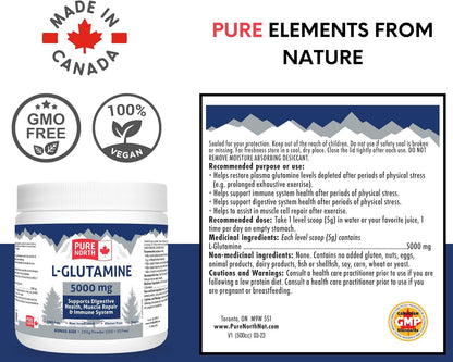 Pure North Naturals - L-谷氨酰胺 5000 毫克，250 克粉劑，50 份 - 腸道健康和消化健康 - 支持肌肉修復和支持免疫系統 - 經第三方測試 - 加拿大配製和製造