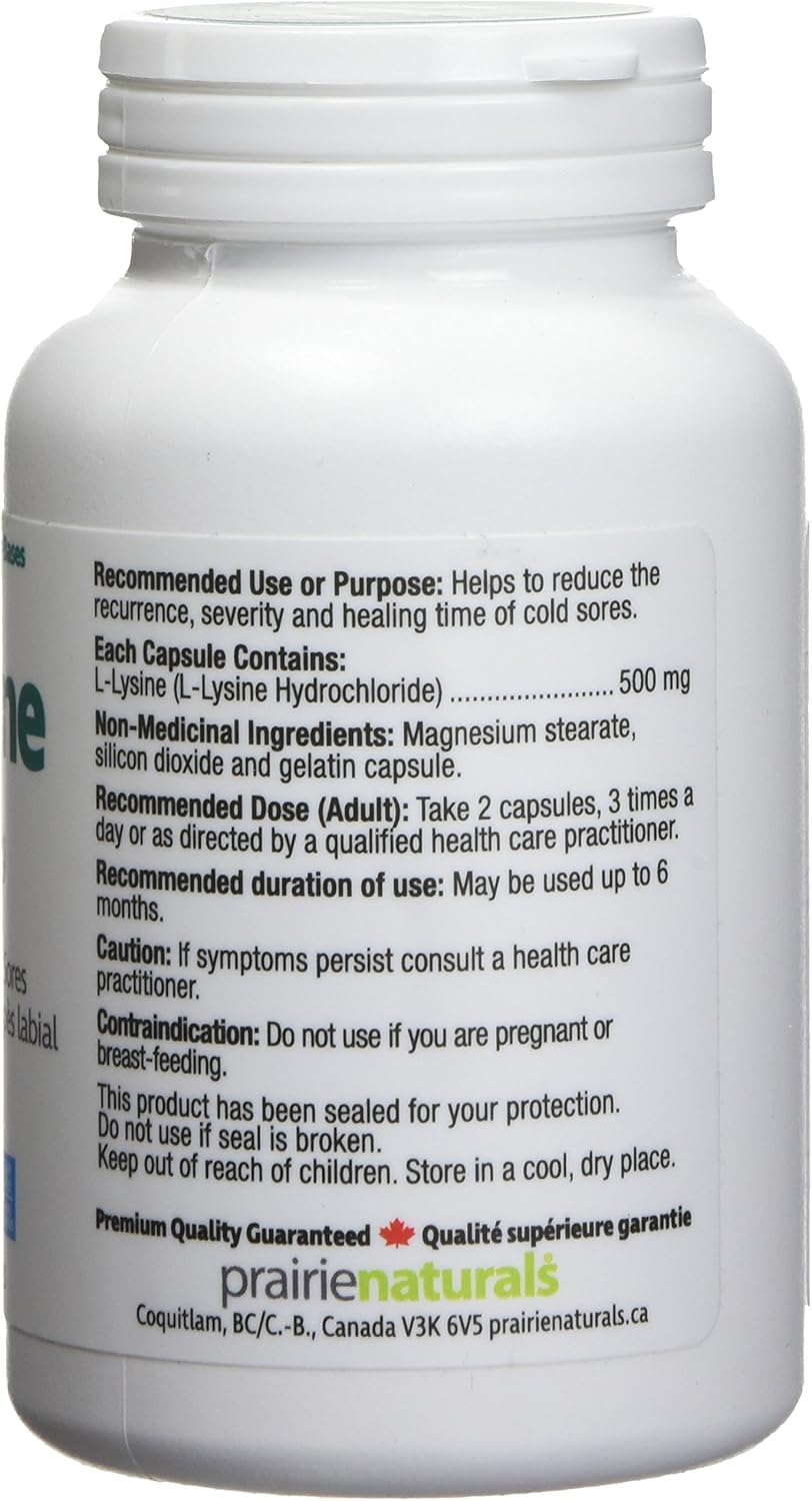 Prairie Naturals 賴氨酸 500 毫克 - 90 粒膠囊 - 有助於減少單純皰疹病毒 (HSV) 感染（例如唇皰疹）的復發，是一種必需氨基酸。賴氨酸也有助於膠原蛋白的形成。非基因改造，無麩質