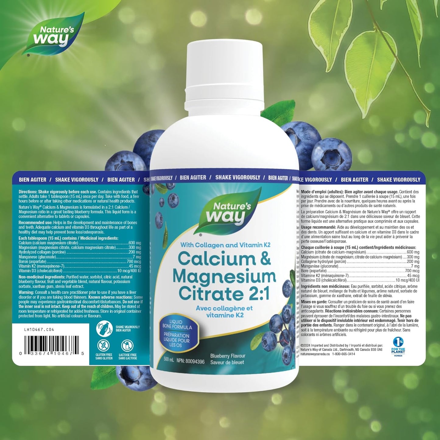 Nature's Way Calcium and Magnesium Citrate 2:1 - Liquid Supplement with Vitamin K2 and Collagen – Helps Support the Maintenance of Bones and Teeth – Blueberry Flavour, 500 mL