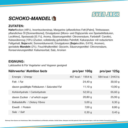 SvenJack Vegan Oat Bar Chocolate Almond - 24 × 125g - High‑Fibre, Low‑Sugar, Gluten‑Free Oatmeal Energy Snack with Almonds & Dark Chocolate Coating