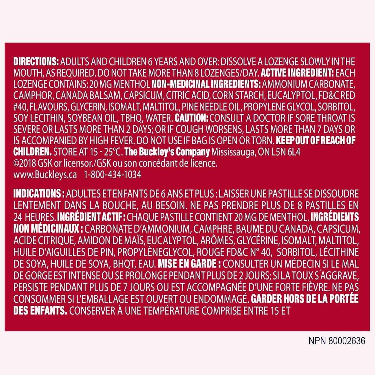 Buckley's 止咳糖浆，缓解咳嗽和鼻塞，18 粒，樱桃味止咳糖（包装可能有所不同）