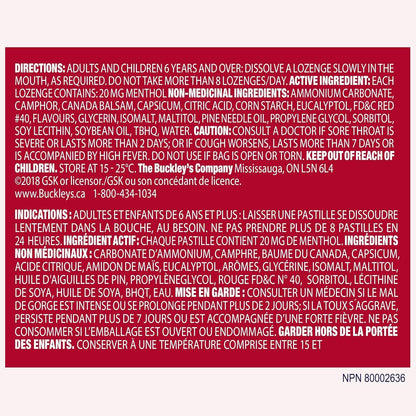 Buckley's 止咳糖浆，缓解咳嗽和鼻塞，18 粒，樱桃味止咳糖（包装可能有所不同）