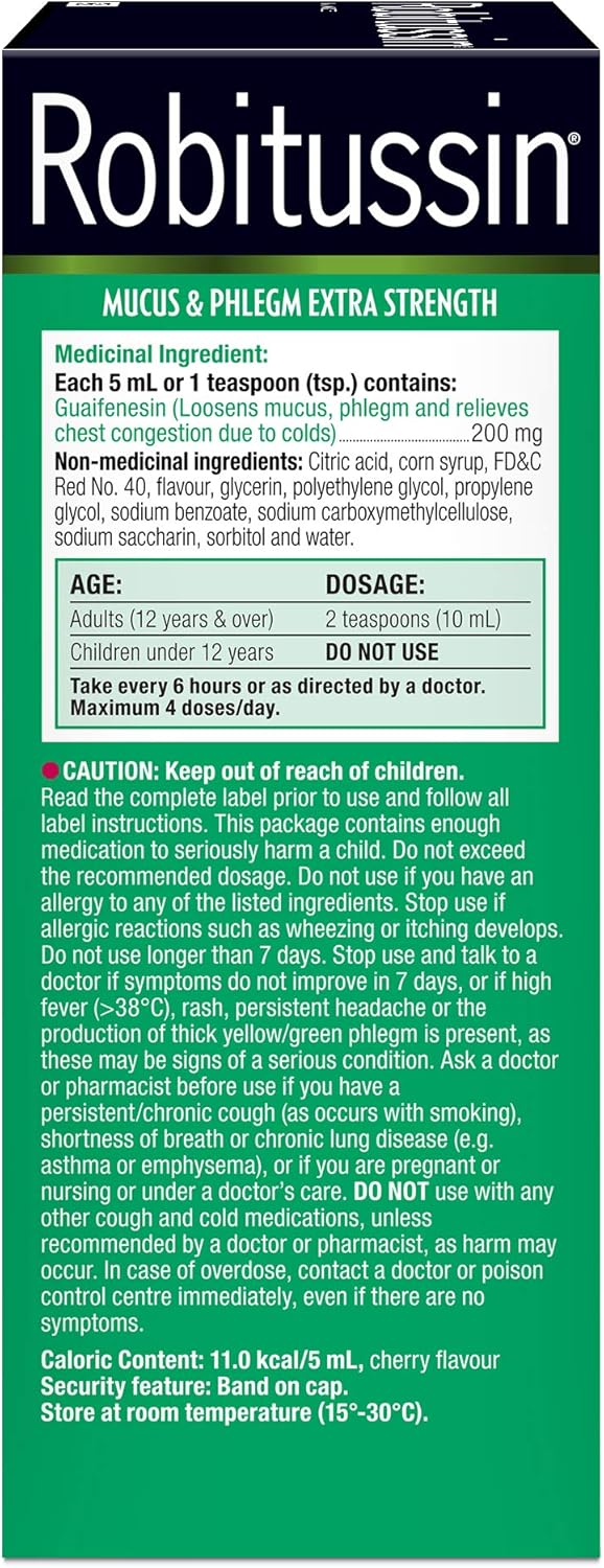 Robitussin Extra Strength Mucus & Phlegm Syrup, Alcohol Free, Cherry Flavour, Packaging may vary