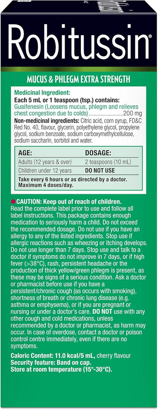 Robitussin Extra Strength Mucus & Phlegm Syrup, Alcohol Free, Cherry Flavour, Packaging may vary