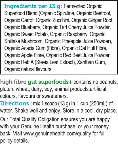 Genuine Health High Fibre Gut Superfood – Organic Fruit & Vegetables Powder, Natural Fibre Supplement - Vegan, Gluten-Free, USDA Organic, Non-GMO – Summer Berry, 21 Servings