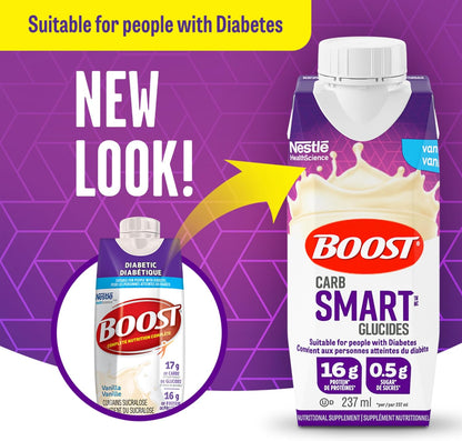 BOOST CarbSmart 香草味，高蛋白，低糖，24 种维生素和矿物质，营养补充剂，16 克蛋白质，0.5 克糖，犹太洁食，无麸质，适合糖尿病患者，24 瓶，6 公斤