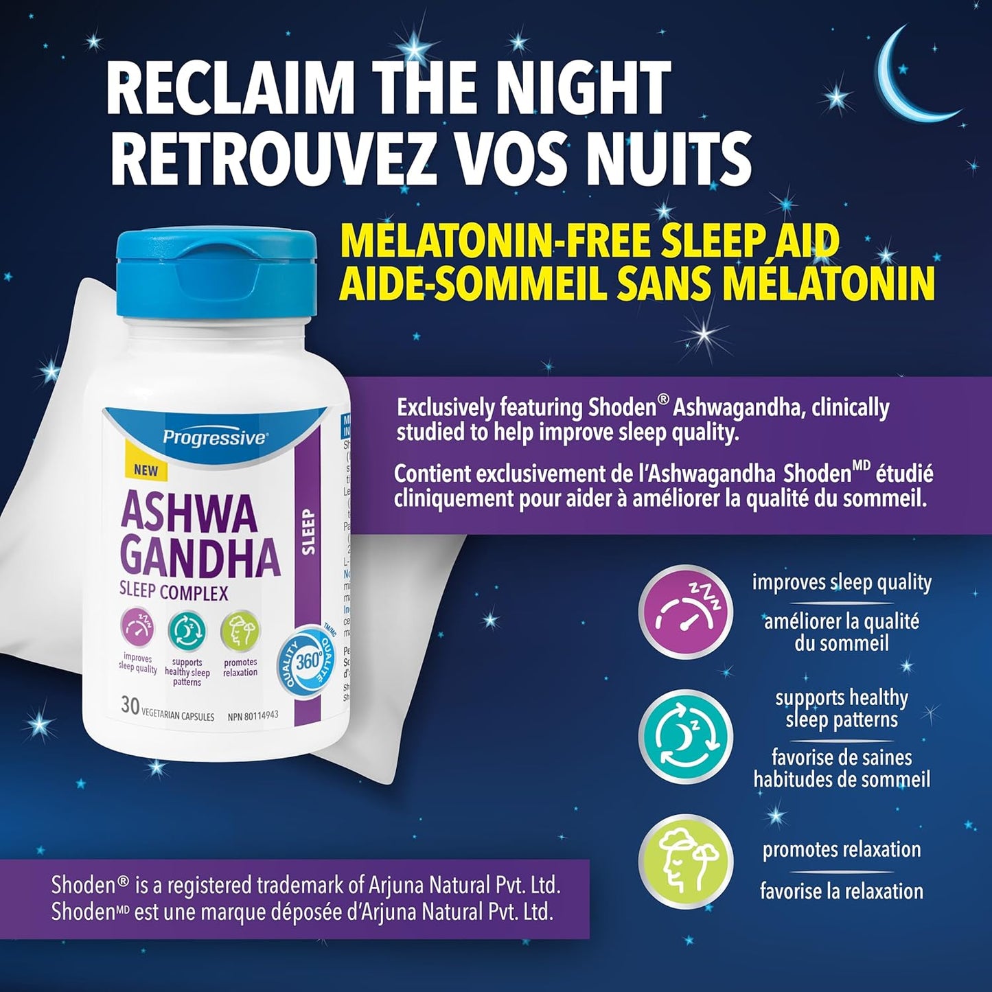 渐进式南非醉茄睡眠复合物 — 含有 Shoden® 南非醉茄、柠檬香蜂草、L-茶氨酸和西番莲，改善睡眠并减轻压力 — 30 粒素食胶囊