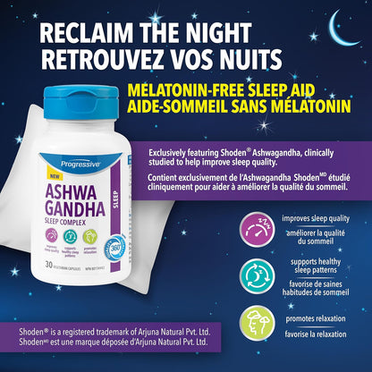 渐进式南非醉茄睡眠复合物 — 含有 Shoden® 南非醉茄、柠檬香蜂草、L-茶氨酸和西番莲，改善睡眠并减轻压力 — 30 粒素食胶囊