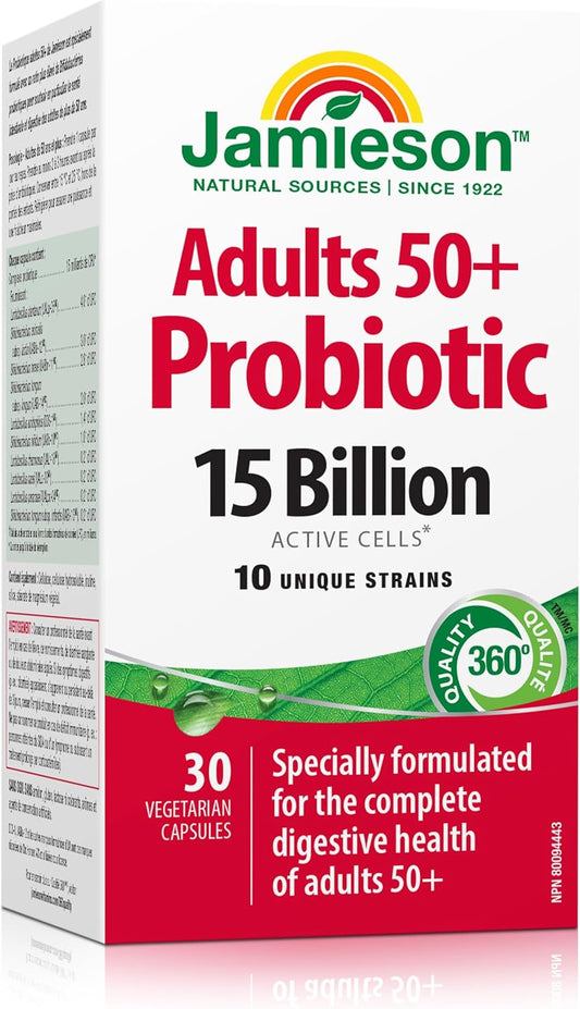 Jamieson Adult 50+ Probiotic 15 Billion Active Cells, Bifidobacterium Boost, Supports Digestive Health and Intestinal Health. 10 Unique Strains, Including Lactobacillus and Bifidobacterium, Non-GMO, Gluten-Free, 30 Veget…