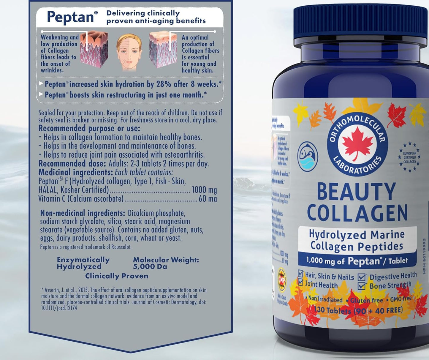 Orthomolecular Laboratories - Beauty Collagen Hydrolyzed Marine Collagen Peptides 1000mg, 130 Tablets 32-Day Supply - Vitamins for Bone Strength, Digestive Health, Joint Health, Hair, Skin and Nails