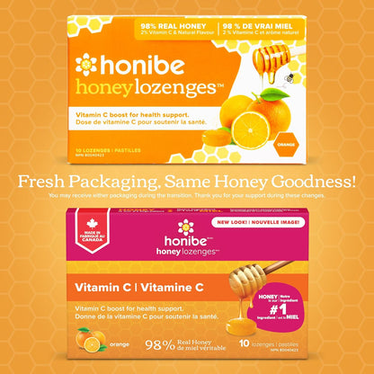 Honibe 100% 纯蜂蜜润喉糖 | 加拿大制造 | 添加维生素 C 以支持健康 | 1 包（10 粒润喉糖）| 天然橙子