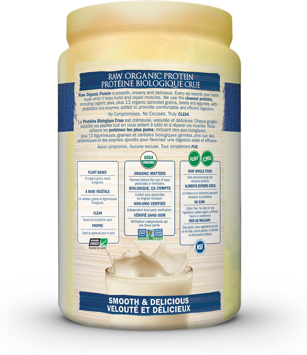 生命花园生有机蛋白粉，香草味，620克。富含22克认证植物蛋白，包括在加拿大种植和加工的有机豌豆。有助于增强和修复肌肉。富含14种有机发芽谷物、种子和豆类，并添加益生菌和酶，促进舒适高效的消化。