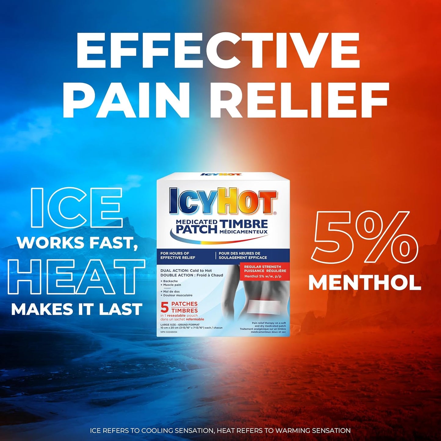 冰热药用止痛贴，缓解肌肉和关节疼痛，适用于简单的背痛、腰痛、关节炎、拉伤和扭伤，不含非甾体抗炎药，薄荷醇含量为 5%，5 片