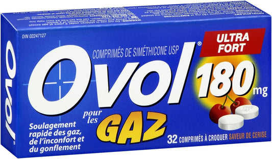 Ovol Extra Strength, Cherry Flavour Chewable Tablets, Gas Pain, Pressure, and Bloating Relief, Made in Canada, 180mg, 32 Count