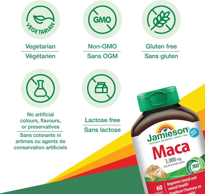 Jamieson High Potency Maca 3,000 mg, Helps to Support Emotional Aspects of Sexual Health and a Healthy Mood Balance. Vegetarian, Non-GMO, Gluten-Free, Only One Per Day, 60 Count