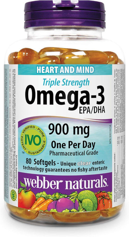 Webber Naturals Omega-3 900 毫克三倍強度，80 粒透明腸溶無魚腥味軟膠囊和維生素 D3 1000 IU，260 片，用於健康的骨骼、牙齒和維持身體健康