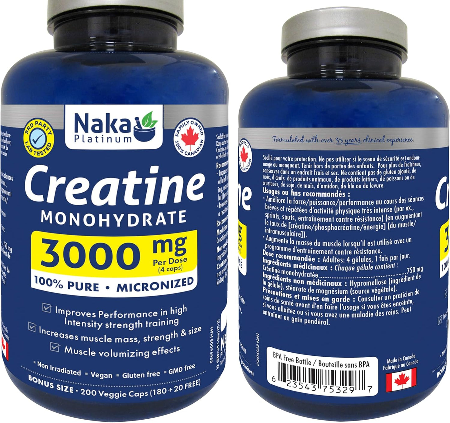 Naka Platinum Creatine 100% Pure Micronized Powder, 3000mg Per Dose, Faster Absorption - Supplement for Muscle Growth, Increased Strength, Enhanced Energy and Improved Athletic/Sports Performance, Made in Canada (200 vcaps)
