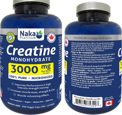 Naka Platinum Creatine 100% Pure Micronized Powder, 3000mg Per Dose, Faster Absorption - Supplement for Muscle Growth, Increased Strength, Enhanced Energy and Improved Athletic/Sports Performance, Made in Canada (200 vcaps)
