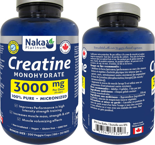 Naka Platinum Creatine 100% Pure Micronized Powder, 3000mg Per Dose, Faster Absorption - Supplement for Muscle Growth, Increased Strength, Enhanced Energy and Improved Athletic/Sports Performance, Made in Canada (200 vcaps)