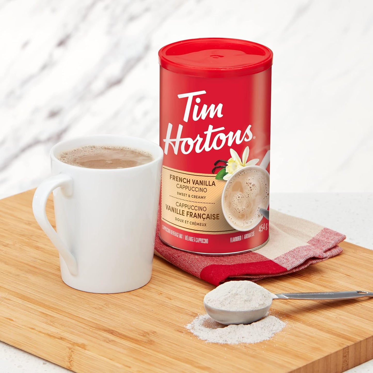 Tim Hortons 脱咖啡因、细磨咖啡、中度烘焙、640 克罐装 & Tim Horton's 速溶卡布奇诺、法式香草、16 盎司