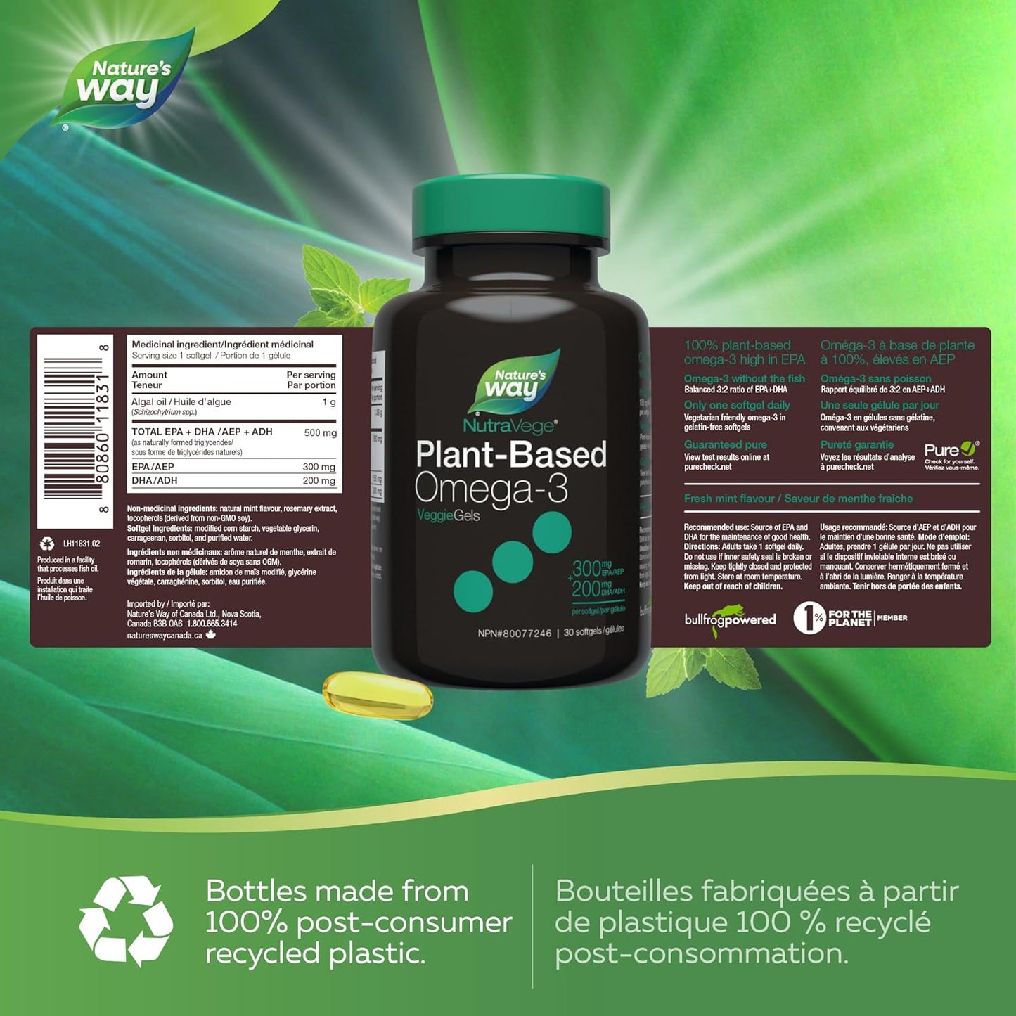 Nature's Way NutraVege 植物性 Omega-3 素食膠囊 - 適合素食主義者的 Omega-3 補充劑，含 300 毫克 EPA + 200 毫克 DHA - 清新薄荷口味 - 支持成人的心臟、眼睛和大腦功能，30 粒軟膠囊