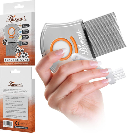 Bussani 儿童及成人除虱梳 – 不锈钢虱卵梳，有效去除头虱及虱卵 – 防锈、可重复使用、温和 – 适用于所有发质