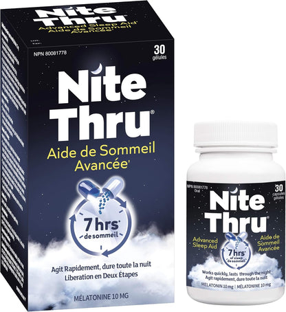 NiteThru 成人高級睡眠輔助劑，定時釋放褪黑激素，快速起效並持續一整夜，10 毫克褪黑激素，30 粒膠囊
