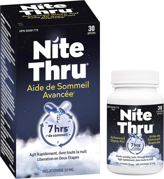 NiteThru 成人高级睡眠辅助剂，定时释放褪黑激素，快速起效并持续一整夜，10 毫克褪黑激素，30 粒胶囊