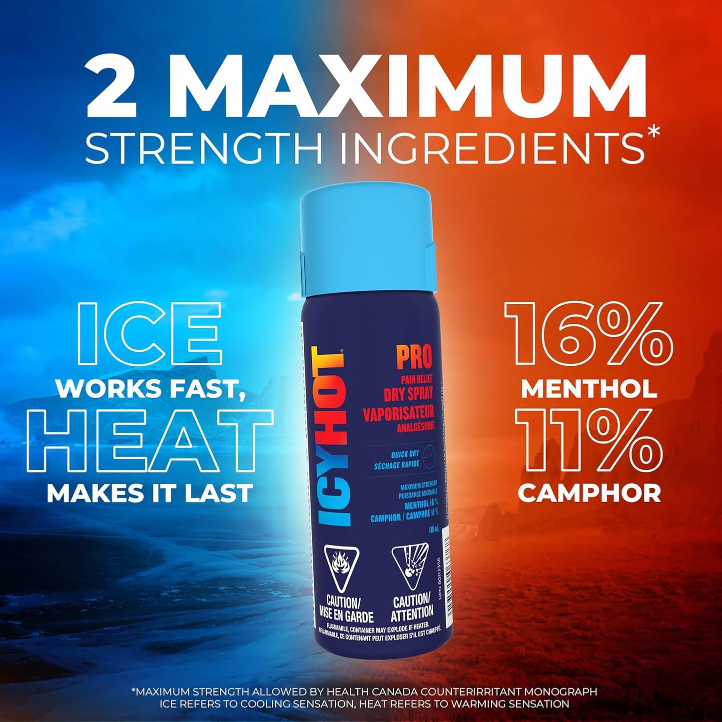 Icy Hot Pro 止痛喷雾，速效干性喷雾，适用于缓解关节炎、单纯背痛、拉伤和扭伤引起的肌肉和关节轻微疼痛，薄荷醇 16%，樟脑 11%，118 毫升