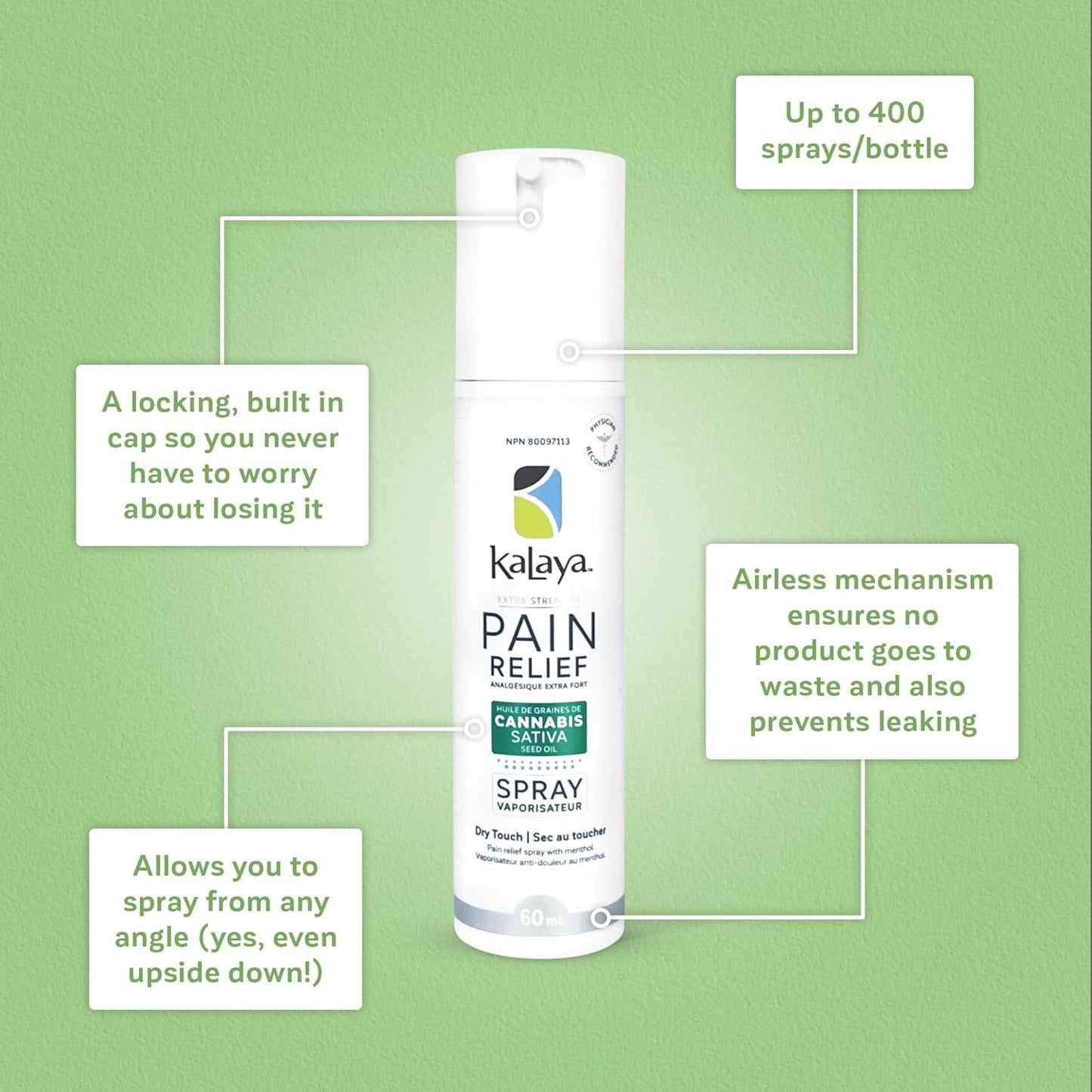 KaLaya 大麻籽油止痛喷雾 - 快速起效和快速干燥喷雾，可缓解关节炎、背痛、关节痛和肌肉痛引起的疼痛（60 毫升（1 包））
