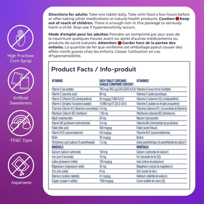 每日一片女士复合维生素 - 女性每日维生素 - 女士复合维生素，含维生素 A、维生素 C、维生素 D 和锌（用于免疫支持）、维生素 E、维生素 B12、生物素、钙、铁，250 片