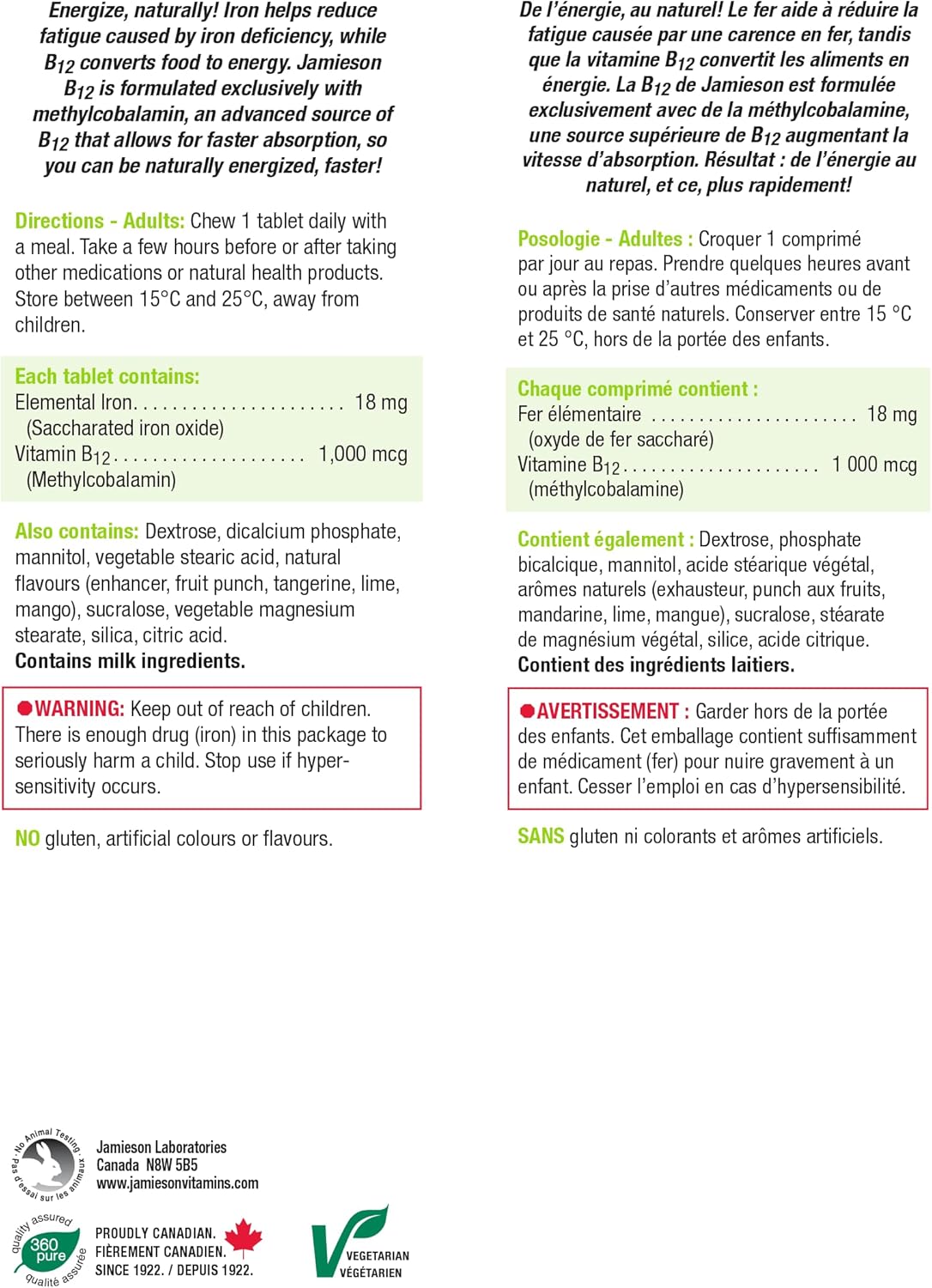 Jamieson 咀嚼片，18 毫克鐵，加 1000 微克維生素 B12，熱帶芒果青檸口味，有助於預防缺鐵，並補充自然能量。素食，無麩質，不含人工色素、香精或防腐劑…