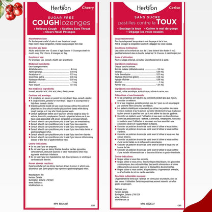 Herbion Naturals 无糖止咳润喉糖，天然樱桃味，18 粒润喉糖 - 缓解咳嗽和鼻塞；舒缓咽喉痛；适用于成人和 12 岁及以上儿童