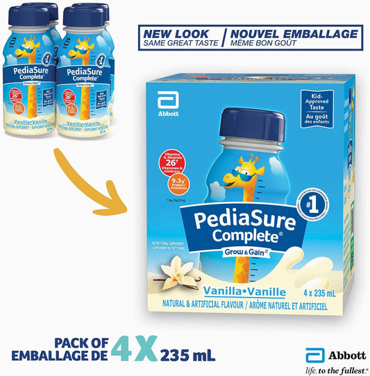 PediaSure Complete，營養補充劑，兒童營養奶昔，可作為早餐飲品，香草味，4 x 235 毫升瓶裝