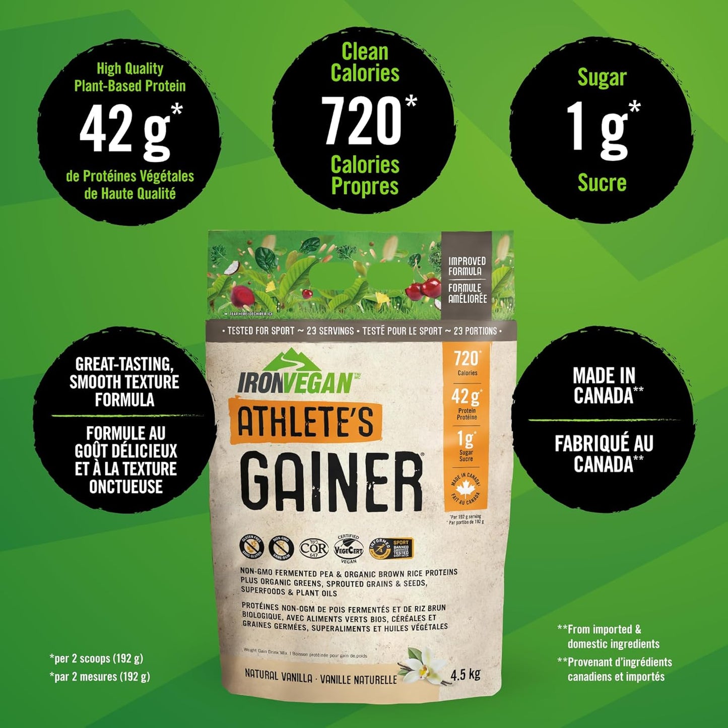 Athlete's Gainer Protein Powder, Natural Vanilla Flavour, 4.5 kg | Vegan and Non-GMO & Iron Vegan Sprouted Protein Bars | Peanut Chocolate Chip Flavour | 12 Pack
