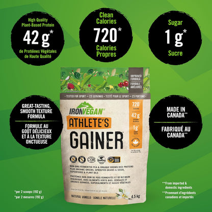 Athlete's Gainer Protein Powder, Natural Vanilla Flavour, 4.5 kg | Vegan and Non-GMO & Iron Vegan Sprouted Protein Bars | Peanut Chocolate Chip Flavour | 12 Pack