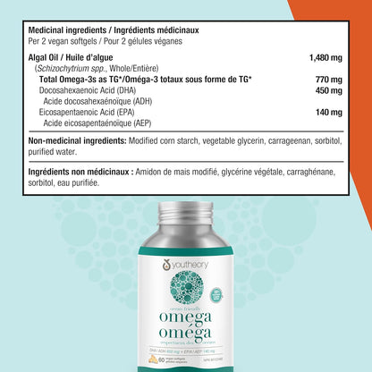 Youtheory 海洋友善 Omega，植物基和純素 Omega-3，支持大腦和心臟健康，60 粒純素軟膠囊