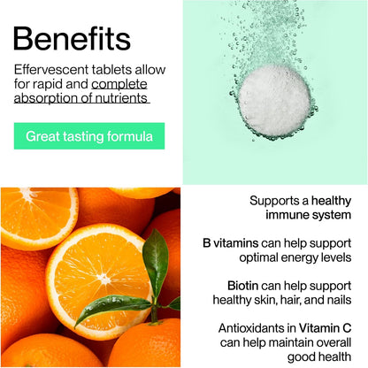 Vitaline 每日多種維生素補充劑，含生物素，適合男性和女性 - 維生素 A、C、E、B1、B2、B5、B6、B12、D3、葉酸和 β-胡蘿蔔素 - 橙子味，20 片泡騰片