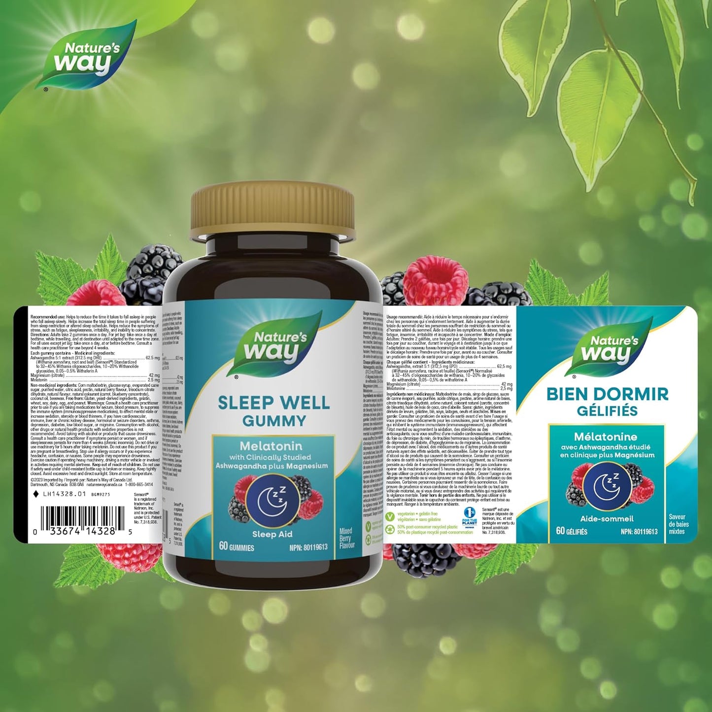 Nature's Way 睡眠好软糖 – 褪黑激素、镁和经临床研究的南非醉茄补充剂，成人睡眠辅助和时差支持，天然混合浆果口味，60 粒素食软糖