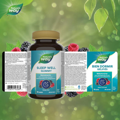Nature's Way 睡眠好软糖 – 褪黑激素、镁和经临床研究的南非醉茄补充剂，成人睡眠辅助和时差支持，天然混合浆果口味，60 粒素食软糖