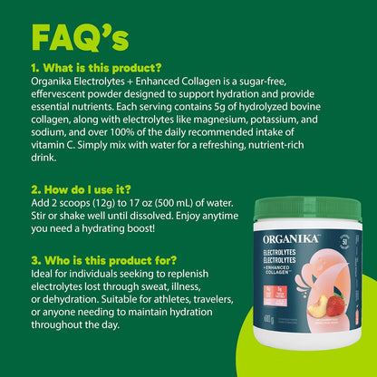 Organika Canadian-Made Electrolytes + Enhanced Collagen - Strawberry Peach Flavour - Sugar-Free Hydration | 5g Protein + 100% of Daily Vitamin C - 600g