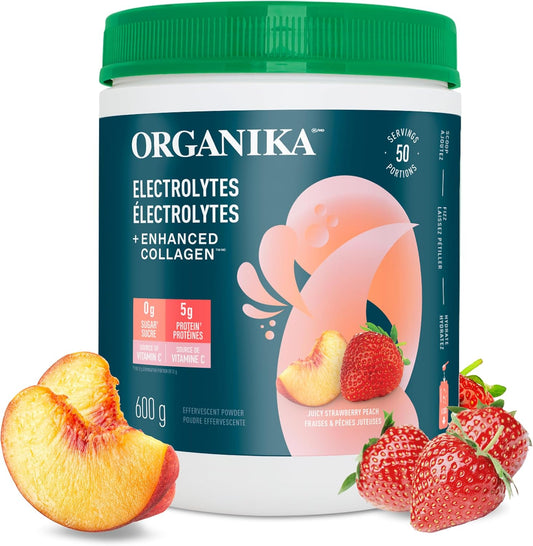 Organika Canadian-Made Electrolytes + Enhanced Collagen - Strawberry Peach Flavour - Sugar-Free Hydration | 5g Protein + 100% of Daily Vitamin C - 600g